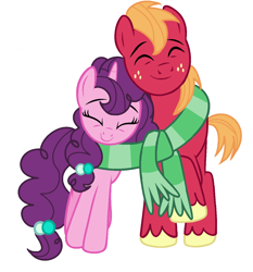 Size: 1212x1298 | Tagged: safe, artist:ementy344shiney45, big macintosh, sugar belle, earth pony, pony, unicorn, g4, clothes, eyes closed, female, happy, male, mare, scarf, shared clothing, shared scarf, ship:sugarmac, shipping, simple background, smiling, snuggling, stallion, straight, striped scarf, white background