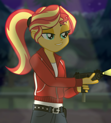 Size: 5232x5760 | Tagged: safe, artist:emeraldblast63, sunset shimmer, human, equestria girls, g4, alternate hairstyle, female, flashlight (object), grin, gun, jacket, left 4 dead, lidded eyes, ponytail, smiling, solo, submachinegun, weapon