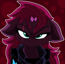Size: 926x913 | Tagged: safe, artist:malachimoet, tempest shadow, pony, unicorn, g4, alternate hairstyle, blushing, broken horn, floppy ears, horn, looking at you, solo, tsundere, tsundere shadow