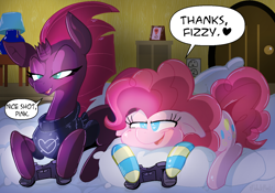 Size: 1430x1000 | Tagged: safe, artist:malachimoet, fizzlepop berrytwist, pinkie pie, tempest shadow, earth pony, pony, unicorn, g4, my little pony: the movie, clothes, controller, cute, diapinkes, gaming, lamp, pillow, socks, striped socks, tempestbetes, video game