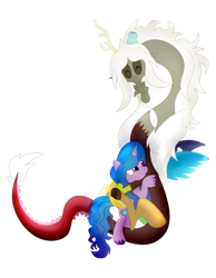 Size: 788x1014 | Tagged: safe, artist:utts, discord, izzy moonbow, draconequus, pony, unicorn, g5, spoiler:g5comic, antlers, broken horn, duo, duo male and female, eyes closed, female, horn, hug, male, mare, mismatched wings, old man discord, simple background, smiling, spread wings, transparent background, wings