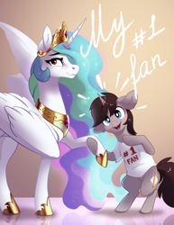 Size: 1992x2583 | Tagged: safe, artist:28gooddays, princess celestia, oc, oc:greyline, alicorn, pony, unicorn, g4, clothes, commission, duo, fan, holding hooves, open mouth, open smile, shirt, smiling, t-shirt, ych result