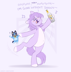 Size: 1170x1190 | Tagged: safe, artist:higglytownhero, oc, oc only, oc:mio (higglytownhero), dog, earth pony, pony, alcohol, australian cattle dog, belly button, bluey, bluey heeler, blushing, drunk, female, plushie, solo