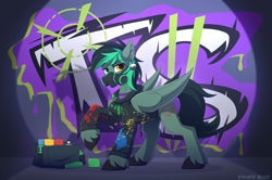 Size: 2956x1968 | Tagged: safe, artist:strafe blitz, oc, oc only, oc:target strike, pegasus, pony, clothes, ear piercing, earring, gas mask, graffiti, heterochromia, hoodie, jewelry, mask, piercing, respirator, solo, spray can, spray paint