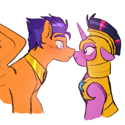 Size: 3300x3300 | Tagged: safe, artist:starsbursts, flash sentry, twilight sparkle, pegasus, pony, unicorn, g4, accessory swap, alternate hairstyle, armor, blushing, boop, duo, female, flustered, guard, helmet, high res, jewelry, looking at each other, looking at someone, male, mare, noseboop, regalia, role reversal, royal guard, scar, ship:flashlight, shipping, simple background, stallion, straight, unicorn twilight, white background