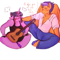 Size: 3300x3300 | Tagged: safe, artist:starsbursts, flash sentry, twilight sparkle, pegasus, unicorn, anthro, unguligrade anthro, g4, acoustic guitar, alternate hairstyle, annoyed, blushing, breasts, clothes, denim, duo, female, grin, guitar, high res, jeans, male, musical instrument, pants, role reversal, ship:flashlight, shipping, shirt, shorts, simple background, smiling, sports shorts, straight, tank top, unicorn twilight, white background