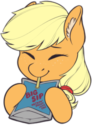Size: 1518x2057 | Tagged: safe, artist:taytinabelle, derpibooru exclusive, applejack, earth pony, pony, g4, big sip, bust, capri sun, capri-sun, cute, drink, drinking, drinking straw, ear fluff, eyes closed, female, happy, hoof hold, jackabetes, juice, juice pouch, mare, simple background, smiling, solo, transparent background, weapons-grade cute