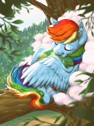 Size: 1874x2500 | Tagged: safe, artist:taytinabelle, rainbow dash, tank, pegasus, pony, tortoise, g4, cloud, cuddling, cute, daaaaaaaaaaaw, dashabetes, duo, duo male and female, ear fluff, eyebrows, eyes closed, featured image, female, high res, hug, in a tree, leaves, lying down, male, mare, messy tail, on back, prone, sleeping, smiling, sweet dreams fuel, tail, tankabetes, tree, tree branch, winghug, wings