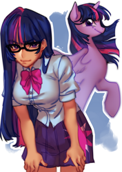 Size: 2480x3508 | Tagged: safe, artist:motonosaur, kotobukiya, twilight sparkle, alicorn, human, pony, g4, bowtie, breasts, clothes, duality, female, glasses, high res, human ponidox, humanized, kotobukiya twilight sparkle, mare, raised hoof, self paradox, self ponidox, shirt, skirt, solo, tan skin, twilight sparkle (alicorn)