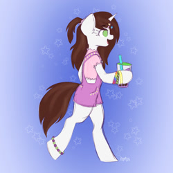 Size: 1500x1500 | Tagged: safe, artist:koapony, oc, oc only, oc:brittneigh ackermane, unicorn, semi-anthro, arm hooves, bubble tea, clothes, dress, drink, eyebrows, eyebrows visible through hair, mesh, open mouth, open smile, smiling, smoothie, solo