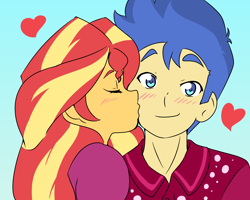 Size: 3850x3080 | Tagged: safe, artist:qsky, flash sentry, sunset shimmer, human, equestria girls, g4, blushing, cheek kiss, duo, female, high res, kissing, male, ship:flashimmer, shipping, straight