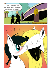 Size: 905x1280 | Tagged: safe, artist:darkhestur, oc, oc:knight, oc:sigrid, earth pony, pegasus, pony, bridge, comic, kissing, panels, silhouette, speech bubble, tumblr comic