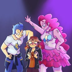 Size: 1440x1440 | Tagged: safe, artist:fluffyashes, flash sentry, pinkie pie, sunset shimmer, human, equestria girls, g4, bisexual, blushing, female, lesbian, male, pinkiesentry, ship:flashimmer, ship:sunsetpie, shipping, straight, trio