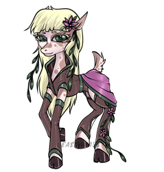 Size: 1302x1364 | Tagged: safe, artist:leastways, oc, oc only, deer, deer pony, original species, blonde, blonde hair, cloven hooves, commission, concave belly, deer oc, flower, flower in hair, flowing mane, nature, non-pony oc, plant, reference sheet, signature, simple background, solo, superhero, superhero costume, thin, transparent background