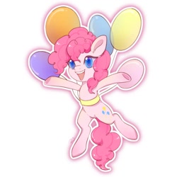 Size: 1000x1000 | Tagged: safe, artist:helomer0127, artist:ling_ovo0127, pinkie pie, earth pony, pony, g4, balloon, female, floating, flying, open mouth, open smile, simple background, smiling, solo, then watch her balloons lift her up to the sky, white background