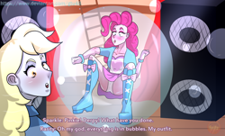 Size: 3840x2312 | Tagged: safe, artist:gtu48, derpy hooves, pinkie pie, human, equestria girls, g4, boots, bubble, duo, duo female, female, high heel boots, high res, in bubble, indoors, pinkie pie trapped in a bubble, shoes, speaker, subtitles