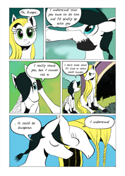 Size: 905x1280 | Tagged: safe, artist:darkhestur, oc, oc:knight, oc:sigrid, earth pony, pegasus, pony, comic, panels, speech bubble, tumblr comic