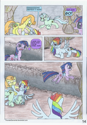 Size: 1600x2281 | Tagged: safe, artist:thunderelemental, carrot top, golden harvest, lyra heartstrings, rainbow dash, twilight sparkle, changeling, earth pony, pony, unicorn, comic:swarm rising, g4, butt, comic, disguise, disguised changeling, fight, jumping, plot, speech bubble