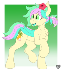 Size: 1360x1558 | Tagged: safe, artist:gnashie, oc, oc only, oc:fruity squeeze, bat pony, pony, bat pony oc, chest fluff, ear fluff, flower, flower in hair, hair tie, open mouth, ponytail, solo, wings