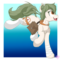 Size: 1670x1667 | Tagged: safe, artist:gnashie, oc, oc only, earth pony, pony, bag, bandage, bandana, chest fluff, clothes, ear fluff, earth pony oc, gradient background, open mouth, pigtails, ponified, saddle bag, socks, solo, twintails