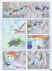 Size: 1600x2214 | Tagged: safe, artist:thunderelemental, lyra heartstrings, rainbow dash, twilight sparkle, changeling, pegasus, pony, unicorn, comic:swarm rising, g4, broken horn, bucking, comic, disguise, disguised changeling, horn