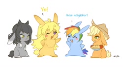 Size: 1200x658 | Tagged: safe, artist:卯卯七, applejack, rainbow dash, rabbit, g4, blake belladonna, bunnified, bunnyjack, crossover, eyes closed, female, food, lesbian, one eye closed, open mouth, open smile, pie, rabbit dash, rwby, ship:appledash, shipping, simple background, smiling, species swap, text, white background, yang xiao long