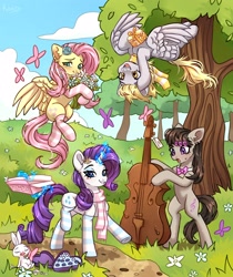 Size: 2856x3400 | Tagged: safe, artist:konejo, angel bunny, derpy hooves, fluttershy, octavia melody, rarity, butterfly, earth pony, pegasus, pony, unicorn, g4, cello, chocolate, clothes, flower, flying, food, high res, magic, musical instrument, scarf, socks, spring, striped socks, telekinesis