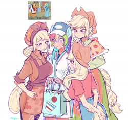 Size: 1812x1701 | Tagged: safe, artist:卯卯七, applejack, rainbow dash, human, g4, apron, bag, blushing, clothes, denim, eared humanization, female, freckles, humanized, jeans, lesbian, pants, self paradox, self ponidox, ship:appledash, shipping, simple background, sweat, white background