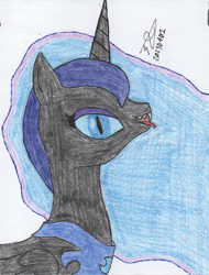 Size: 620x815 | Tagged: safe, artist:alejandrogmj, nightmare moon, alicorn, pony, g4, fangs, looking at you, missing accessory, tongue out, traditional art