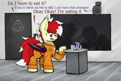 Size: 3000x2000 | Tagged: safe, artist:aaatheballoon, oc, oc:aaaaaaaaaaa, bat pony, pony, bat pony oc, dialogue, high res, imminent inflation, inflation, male, male oc, pony oc, prison jumpsuit, scp foundation, stallion, stallion oc