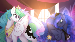 Size: 1920x1080 | Tagged: safe, artist:magical-wings06, princess celestia, princess luna, alicorn, pony, a royal problem, g4, cutie mark swap, duo, female, looking back, mare, open mouth, royal sisters, scene interpretation, siblings, sisters, swapped cutie marks