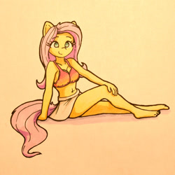 Size: 1373x1373 | Tagged: safe, artist:mindofnoodles, fluttershy, anthro, plantigrade anthro, g4, barefoot, breasts, busty fluttershy, feet, sitting, solo