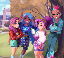 Size: 1130x1024 | Tagged: safe, artist:aztrial, edit, izzy moonbow, pipp petals, sunny starscout, zipp storm, human, equestria girls, g4, g5, adorapipp, adorazipp, alternate hairstyle, bag, belly button, belt, blushing, boots, cat ears, cellphone, clothes, cute, dark skin, ear piercing, earring, equestria girls (g5), eyes closed, eyeshadow, female, fur coat, grin, hairband, high school, humanized, izzybetes, jewelry, light skin, makeup, midriff, one eye closed, open mouth, phone, piercing, royal sisters (g5), shoes, short shirt, shorts, siblings, sisters, skirt, smartphone, smiling, socks, striped socks, sunnybetes, sweater, tan skin, tree, wall of tags, wink
