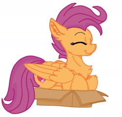 Size: 1272x1221 | Tagged: safe, artist:applebloomyloves, artist:lisathefire, scootaloo, pegasus, pony, g4, base used, behaving like a cat, box, chest fluff, cute, cutealoo, eyes closed, if i fits i sits, older, older scootaloo, pony in a box, simple background, smiling, solo, sternocleidomastoid, white background
