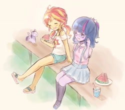 Size: 2048x1809 | Tagged: safe, artist:aquarabbica, artist:aquarabbicasafe, sunset shimmer, twilight sparkle, human, equestria girls, g4, female, food, pier, watermelon