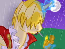 Size: 1600x1200 | Tagged: safe, artist:batgummy98, alicorn, pony, cigarette, crossover, crying, lighter, magic, male, mare in the moon, moon, night, one piece, ponified, rain, solo, telekinesis, vinsmoke sanji, wet, wet mane