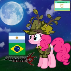 Size: 1440x1440 | Tagged: safe, pinkie pie, g4, argentina, brazil, clothes, cloud, facebook, hill, military uniform, moon, night, profile picture, republica de lyra, shadow the hedgehog (game), smiling, uniform