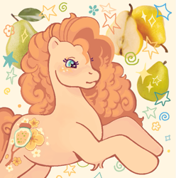 Size: 747x754 | Tagged: safe, artist:queenrosedust, pear butter, earth pony, pony, g4, food, pear, solo