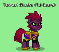 Size: 948x840 | Tagged: safe, tempest shadow, pony, unicorn, pony town, g4, armor, broken horn, female, green background, horn, mare, royal guard, simple background, solo, tempest becomes a royal guard, twilight guard