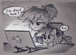 Size: 2049x1486 | Tagged: safe, artist:liaaqila, rainbow dash, human, pegasus, pony, g4, computer, dialogue, duality, female, humanized, laptop computer, mare, self paradox, self ponidox, speech bubble, text, traditional art