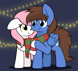 Size: 2109x1904 | Tagged: safe, artist:aaathebap, oc, oc:bizarre song, oc:sugar morning, pegasus, pony, christmas, clothes, duo, eye clipping through hair, female, floppy ears, holding hooves, holiday, looking at each other, looking at someone, male, oc x oc, one eye closed, scarf, shared clothing, shared scarf, shipping, smiling, straight, sugarre