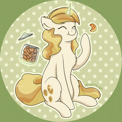 Size: 1000x1000 | Tagged: safe, artist:maravor, sweet biscuit, pony, unicorn, g4, chest fluff, cookie, cute, eating, female, food, glowing, glowing horn, horn, jar, magic, solo