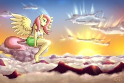 Size: 2000x1333 | Tagged: safe, artist:empyu, fluttershy, pegasus, anthro, plantigrade anthro, g4, barefoot, breasts, busty fluttershy, clothes, cloud, equestria girls outfit, feet, female, missing shoes, sitting, solo, sunset