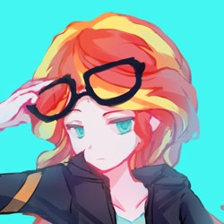 Size: 1080x1080 | Tagged: safe, artist:上啊可乐, sunset shimmer, human, g4, blue background, cyan background, glasses, humanized, simple background, solo