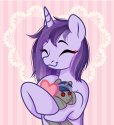 Size: 2438x2675 | Tagged: safe, artist:dubina, oc, oc only, oc:dreaming bell, oc:dreaming star, pony, unicorn, cute, eyelashes, female, heart, heart pillow, high res, horn, mare, ocbetes, pillow, plushie, red eyes, solo, unicorn oc