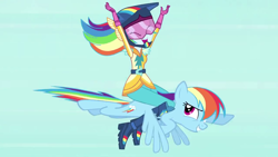 Size: 1280x720 | Tagged: safe, screencap, rainbow dash, human, pegasus, pony, equestria girls, friendship games bloopers, g4, my little pony equestria girls: friendship games, awesome, blooper, clothes, cute, dashabetes, deleted scene, duo, duo female, female, flying, happy, human ponidox, humans riding ponies, paradox, rainbow dash always dresses in style, riding, self paradox, self ponidox, smiling