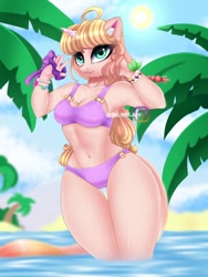 Size: 768x1024 | Tagged: safe, artist:taiweiart, oc, oc only, unicorn, anthro, beach, bikini, bikini bottom, bikini top, clothes, female, horn, legs in the water, legs together, outdoors, partially submerged, solo, swimsuit, unicorn oc