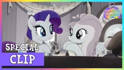 Size: 1280x720 | Tagged: safe, screencap, kerfuffle, rarity, pegasus, pony, unicorn, g4, monochrome, smiling, youtube