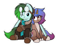 Size: 2484x1926 | Tagged: safe, artist:aaathebap, oc, oc only, oc:gryph xander, oc:midnight winds, pegasus, pony, unicorn, clothes, duo, female, goggles, goggles on head, hug, jewelry, male, mare, middergryph, oc x oc, shipping, simple background, sitting, stallion, straight, transparent background, winghug, wings
