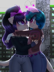 Size: 1500x2000 | Tagged: safe, artist:taiweiart, oc, oc only, earth pony, anthro, building, clothes, duo, earth pony oc, female, fingerless gloves, gloves, heart, hug, lesbian, oc x oc, outdoors, pants, shipping, watermark